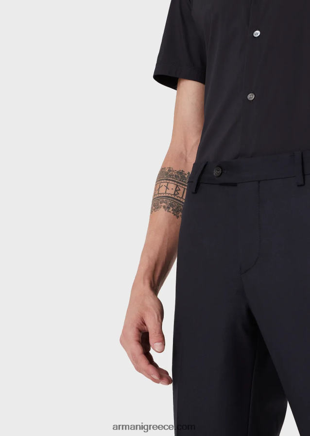 άνδρες Armani πενιέ παρθένο μαλλί, τσακισμένο παντελόνι 4046R61452 ναυτικό μπλε