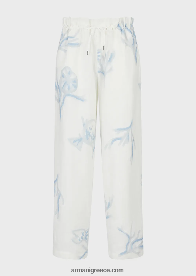 άνδρες Armani παντελόνι με κοράλλι στάμπα σε όλο το λινό 4046R61459 άσπρο