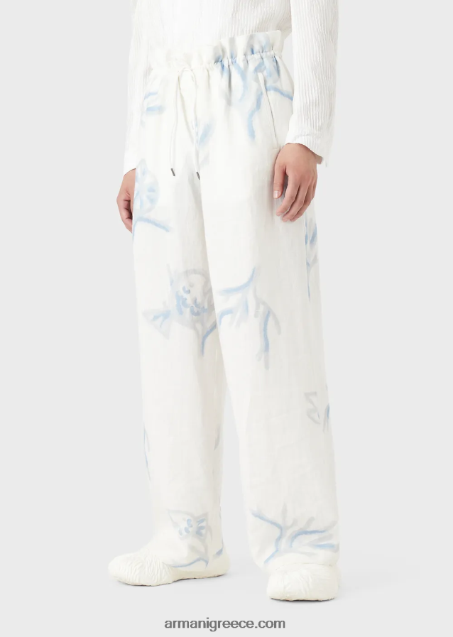 άνδρες Armani παντελόνι με κοράλλι στάμπα σε όλο το λινό 4046R61459 άσπρο