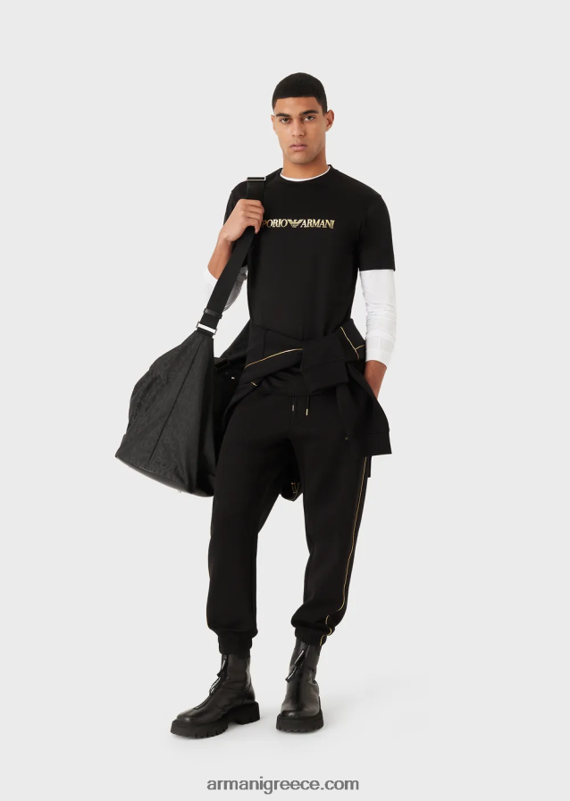 άνδρες Armani τζόγκερ διπλής φανέλας με χρυσές λεπτομέρειες και λογότυπο 4046R61485 μαύρος