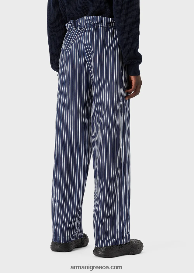 άνδρες Armani παντελόνι με κορδόνι σε ανάλαφρο ριγέ σατέν από μετάξι 4046R61487 μεσάνυχτα μπλε