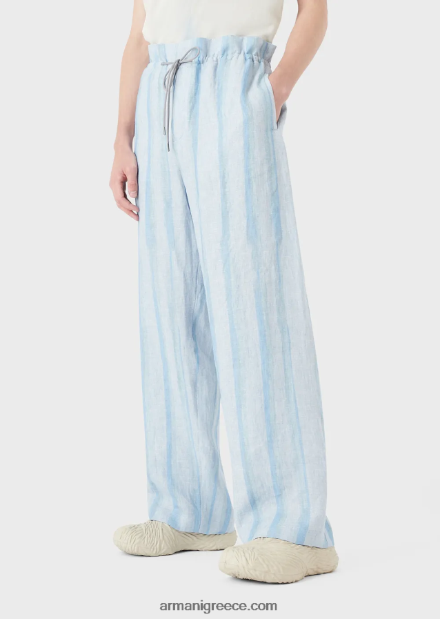 άνδρες Armani Παντελόνι από καθαρό λινό κορδόνι με στάμπα ακουαρέλας 4046R61488 γαλανός