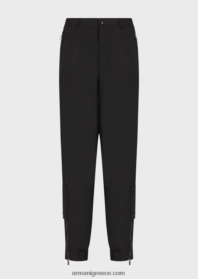 άνδρες Armani παντελόνι με ελαστικές μανσέτες στον αστράγαλο από εξαιρετικά ελαφρύ παρθένο μαλλί 4046R61498 μαύρος