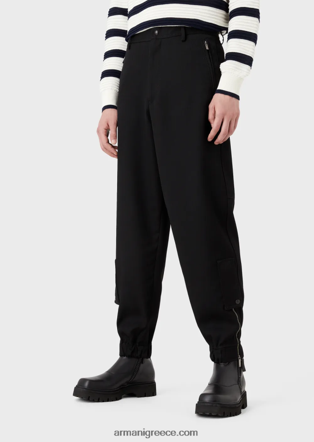 άνδρες Armani παντελόνι με ελαστικές μανσέτες στον αστράγαλο από εξαιρετικά ελαφρύ παρθένο μαλλί 4046R61498 μαύρος