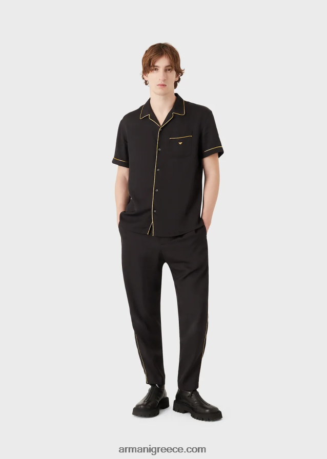 άνδρες Armani Παντελόνι με λάστιχο βισκόζης με χρυσές λεπτομέρειες 4046R61499 μαύρος