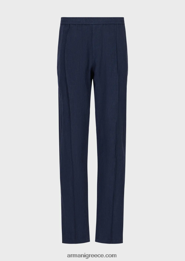 άνδρες Armani λινό παντελόνι ξεθωριασμένο σε εφέ κρεπ με ραβδώσεις 4046R61500 μπλε