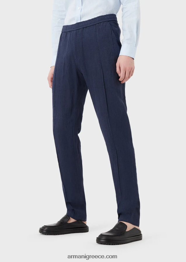 άνδρες Armani λινό παντελόνι ξεθωριασμένο σε εφέ κρεπ με ραβδώσεις 4046R61500 μπλε