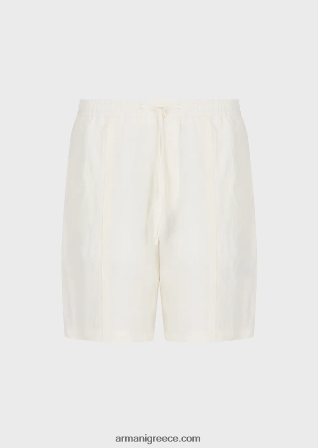 άνδρες Armani Ξεβαμμένο λινό με υφή κρεπ παντελόνι με κορδόνι περίσφιξης 4046R61510 γαλακτώδες λευκό