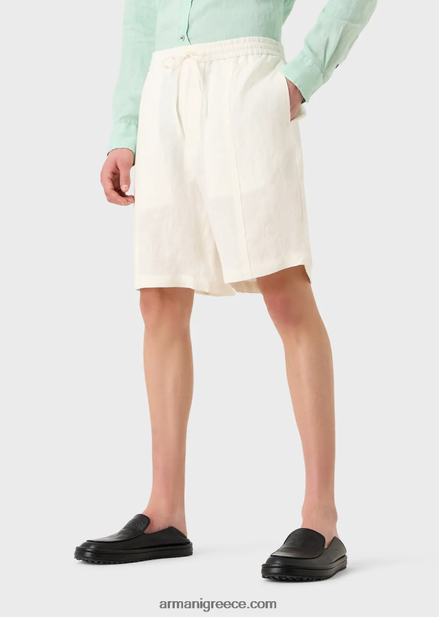 άνδρες Armani Ξεβαμμένο λινό με υφή κρεπ παντελόνι με κορδόνι περίσφιξης 4046R61510 γαλακτώδες λευκό