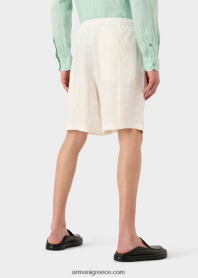 άνδρες Armani Ξεβαμμένο λινό με υφή κρεπ παντελόνι με κορδόνι περίσφιξης 4046R61510 γαλακτώδες λευκό