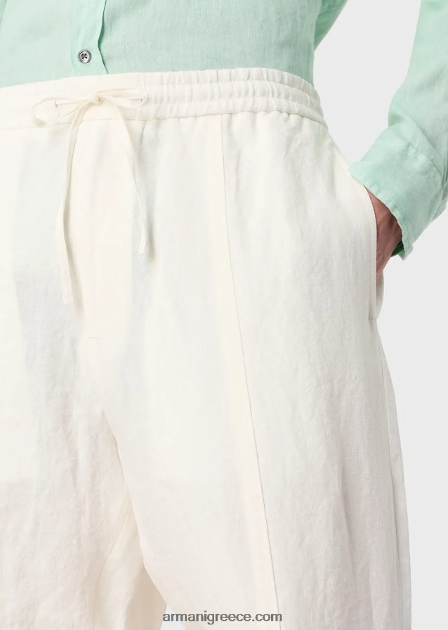άνδρες Armani Ξεβαμμένο λινό με υφή κρεπ παντελόνι με κορδόνι περίσφιξης 4046R61510 γαλακτώδες λευκό