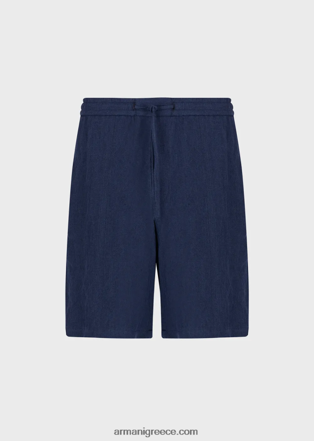 άνδρες Armani Ξεβαμμένο λινό με υφή κρεπ παντελόνι με κορδόνι περίσφιξης 4046R61511 μπλε