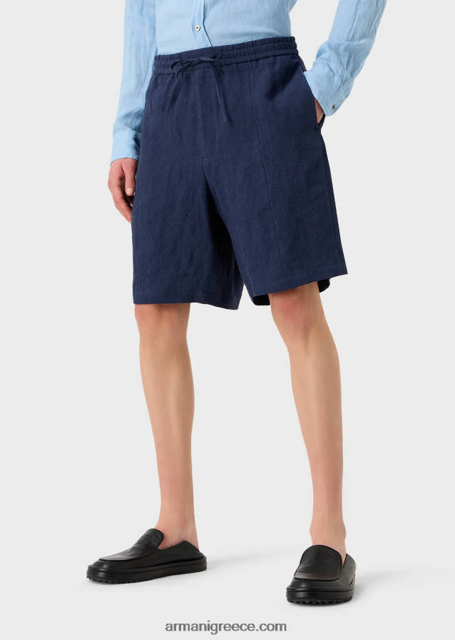 άνδρες Armani Ξεβαμμένο λινό με υφή κρεπ παντελόνι με κορδόνι περίσφιξης 4046R61511 μπλε