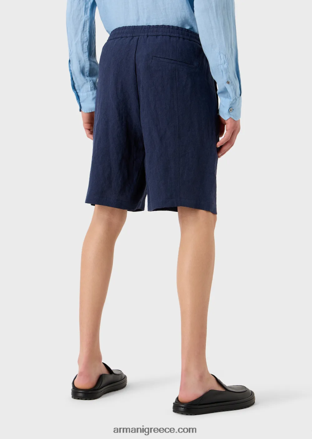 άνδρες Armani Ξεβαμμένο λινό με υφή κρεπ παντελόνι με κορδόνι περίσφιξης 4046R61511 μπλε