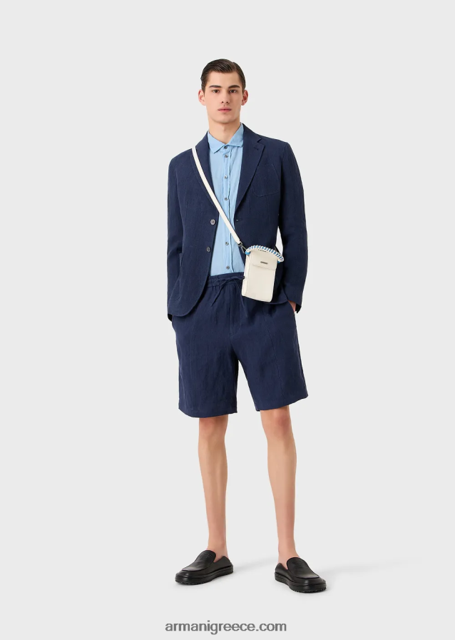 άνδρες Armani Ξεβαμμένο λινό με υφή κρεπ παντελόνι με κορδόνι περίσφιξης 4046R61511 μπλε