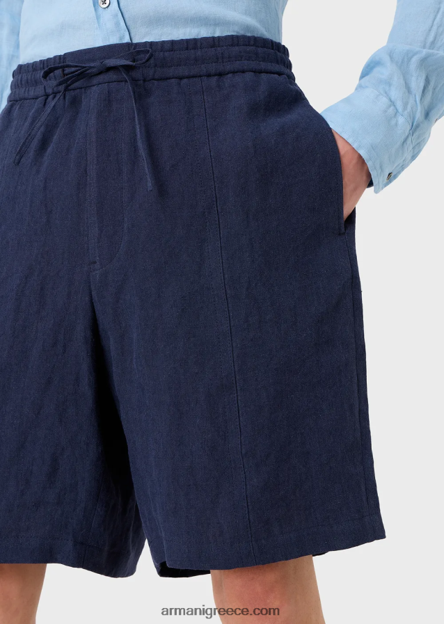 άνδρες Armani Ξεβαμμένο λινό με υφή κρεπ παντελόνι με κορδόνι περίσφιξης 4046R61511 μπλε