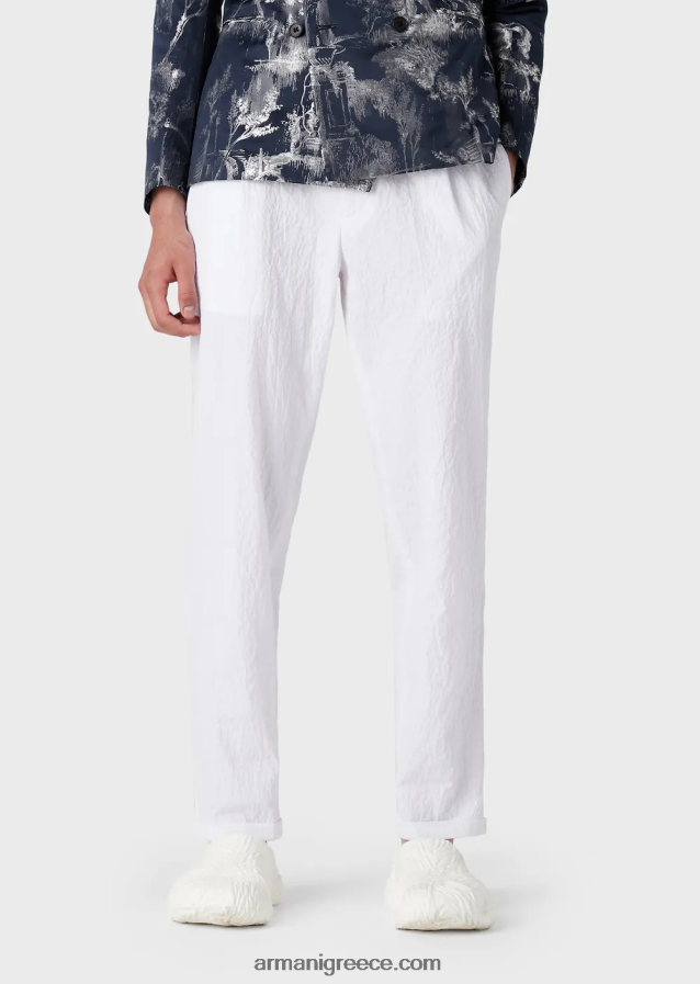 άνδρες Armani Βαμβακερά παντελόνια chino με πλυμένη εμφάνιση με βελάκια 4046R61454 άσπρο