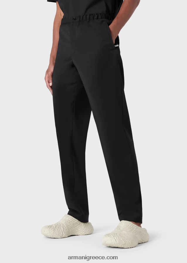 άνδρες Armani chinos με ελαστική μέση από εξαιρετικά ελαφρύ παρθένο μαλλί 4046R61448 μαύρος