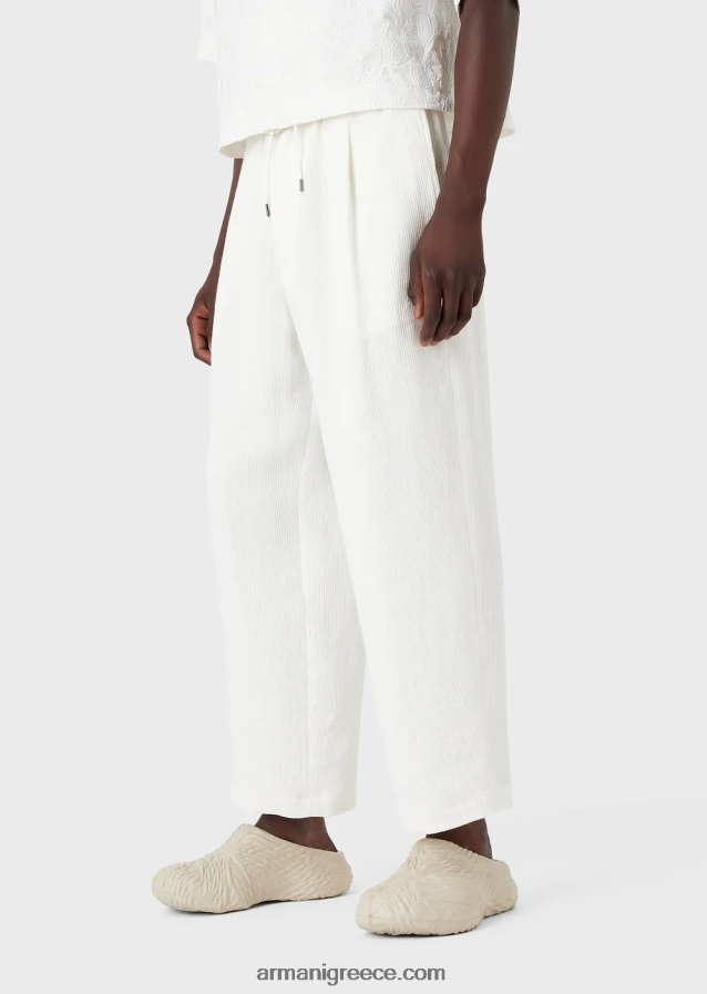 άνδρες Armani παντελόνι με κορδόνια από λινό grosgrain 4046R61492 άσπρο