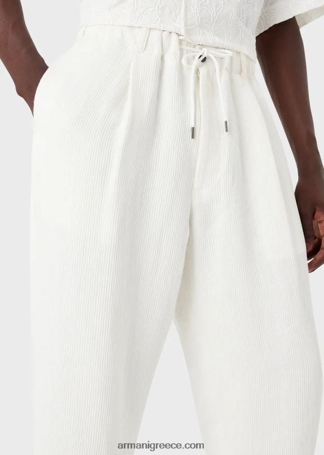 άνδρες Armani παντελόνι με κορδόνια από λινό grosgrain 4046R61492 άσπρο