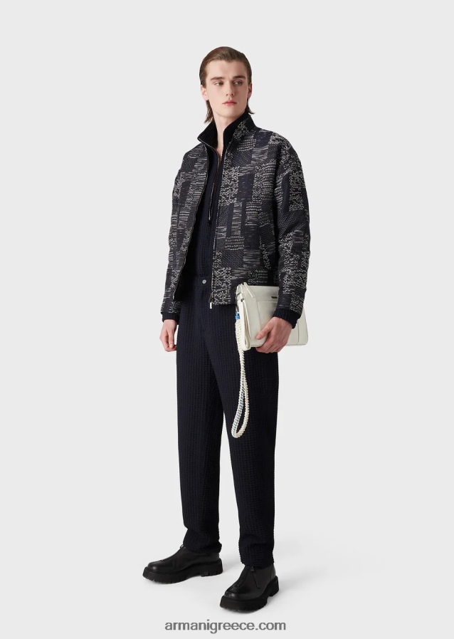 άνδρες Armani Τρισδιάστατο μάλλινο παντελόνι houndstooth με ελαστική μέση 4046R61397