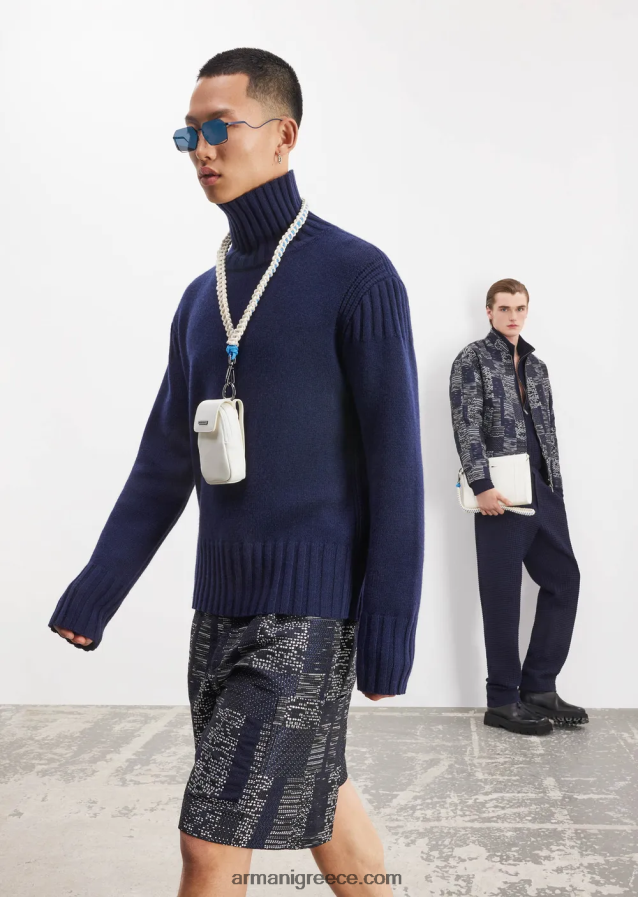 άνδρες Armani Τρισδιάστατο μάλλινο παντελόνι houndstooth με ελαστική μέση 4046R61397