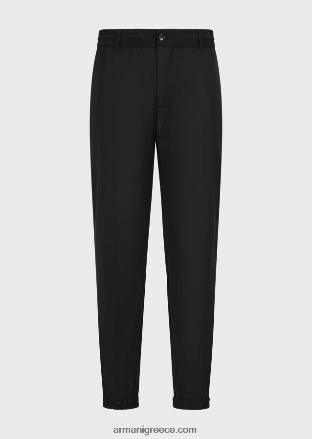 άνδρες Armani παντελόνι από μαλλί ripstop με ελαστικές μανσέτες στον αστράγαλο 4046R61483 μαύρος