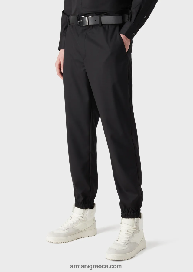 άνδρες Armani παντελόνι από μαλλί ripstop με ελαστικές μανσέτες στον αστράγαλο 4046R61483 μαύρος