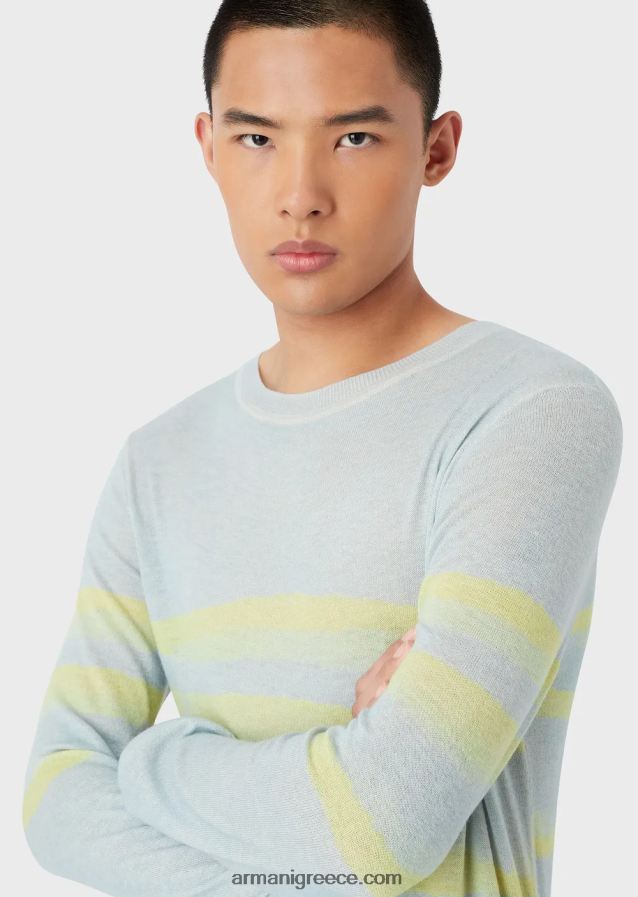 άνδρες Armani καθαρό κασμίρ άλμα με ρίγες ακουαρέλας 4046R61215 γαλανός