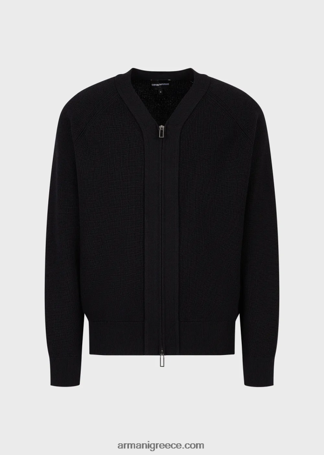 άνδρες Armani Αγγλική πλεκτή ζακέτα με λαιμόκοψη με φερμουάρ σε μάλλινο μείγμα 4046R61220 ναυτικό μπλε
