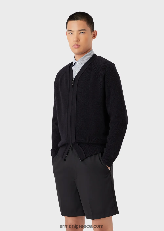 άνδρες Armani Αγγλική πλεκτή ζακέτα με λαιμόκοψη με φερμουάρ σε μάλλινο μείγμα 4046R61220 ναυτικό μπλε