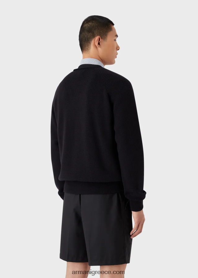 άνδρες Armani Αγγλική πλεκτή ζακέτα με λαιμόκοψη με φερμουάρ σε μάλλινο μείγμα 4046R61220 ναυτικό μπλε