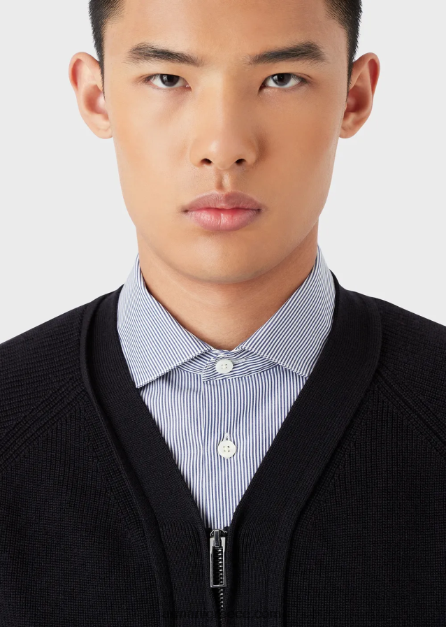 άνδρες Armani Αγγλική πλεκτή ζακέτα με λαιμόκοψη με φερμουάρ σε μάλλινο μείγμα 4046R61220 ναυτικό μπλε