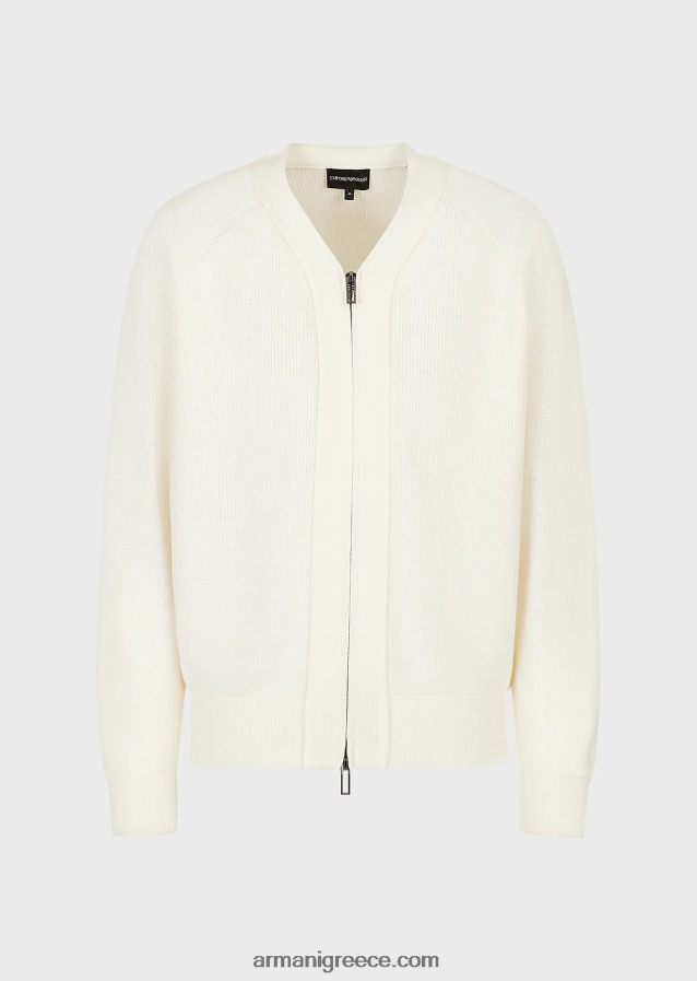 άνδρες Armani Αγγλική πλεκτή ζακέτα με λαιμόκοψη με φερμουάρ σε μάλλινο μείγμα 4046R61221 γαλακτώδες λευκό
