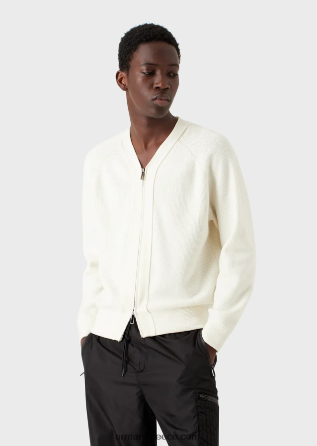 άνδρες Armani Αγγλική πλεκτή ζακέτα με λαιμόκοψη με φερμουάρ σε μάλλινο μείγμα 4046R61221 γαλακτώδες λευκό