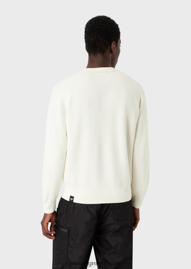 άνδρες Armani Αγγλική πλεκτή ζακέτα με λαιμόκοψη με φερμουάρ σε μάλλινο μείγμα 4046R61221 γαλακτώδες λευκό