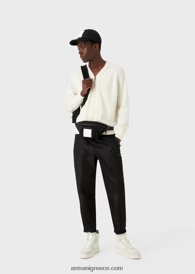 άνδρες Armani Αγγλική πλεκτή ζακέτα με λαιμόκοψη με φερμουάρ σε μάλλινο μείγμα 4046R61221 γαλακτώδες λευκό