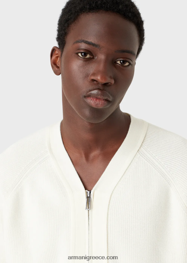 άνδρες Armani Αγγλική πλεκτή ζακέτα με λαιμόκοψη με φερμουάρ σε μάλλινο μείγμα 4046R61221 γαλακτώδες λευκό