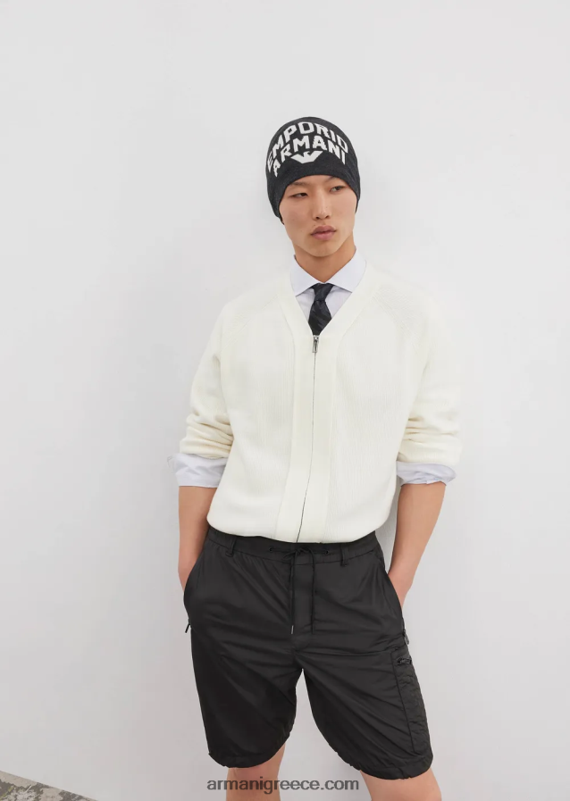 άνδρες Armani Αγγλική πλεκτή ζακέτα με λαιμόκοψη με φερμουάρ σε μάλλινο μείγμα 4046R61221 γαλακτώδες λευκό