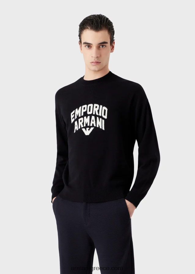 άνδρες Armani τζάμπα από παρθένο μαλλί με έντονο λογότυπο ζακάρ 4046R61222 ναυτικό μπλε