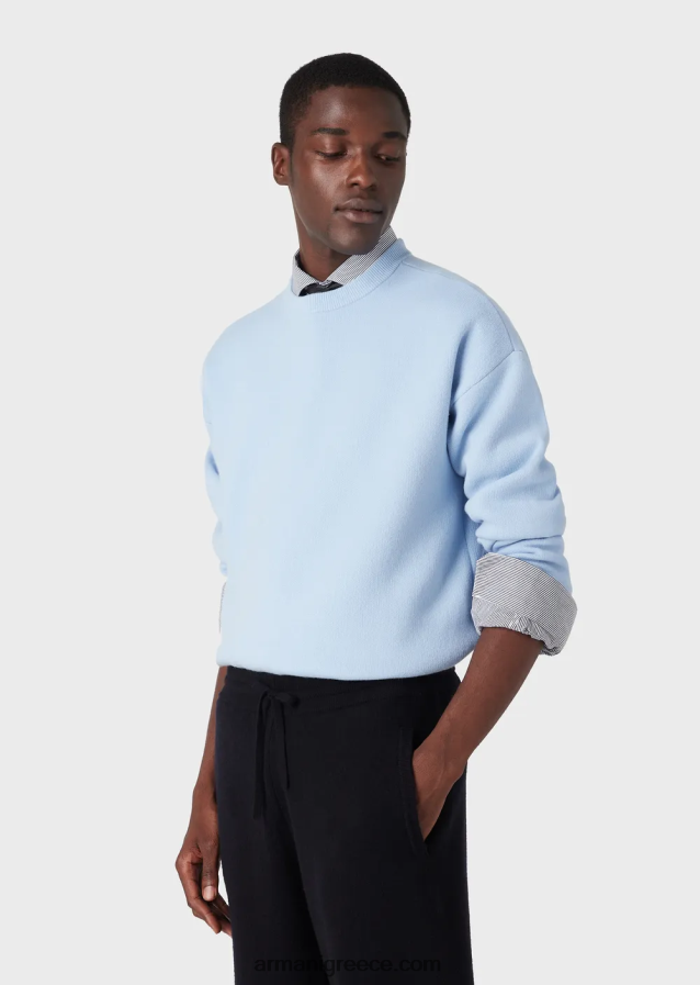 άνδρες Armani άλμα με λαιμόκοψη από παρθένο μαλλί 4046R61235 γαλανός