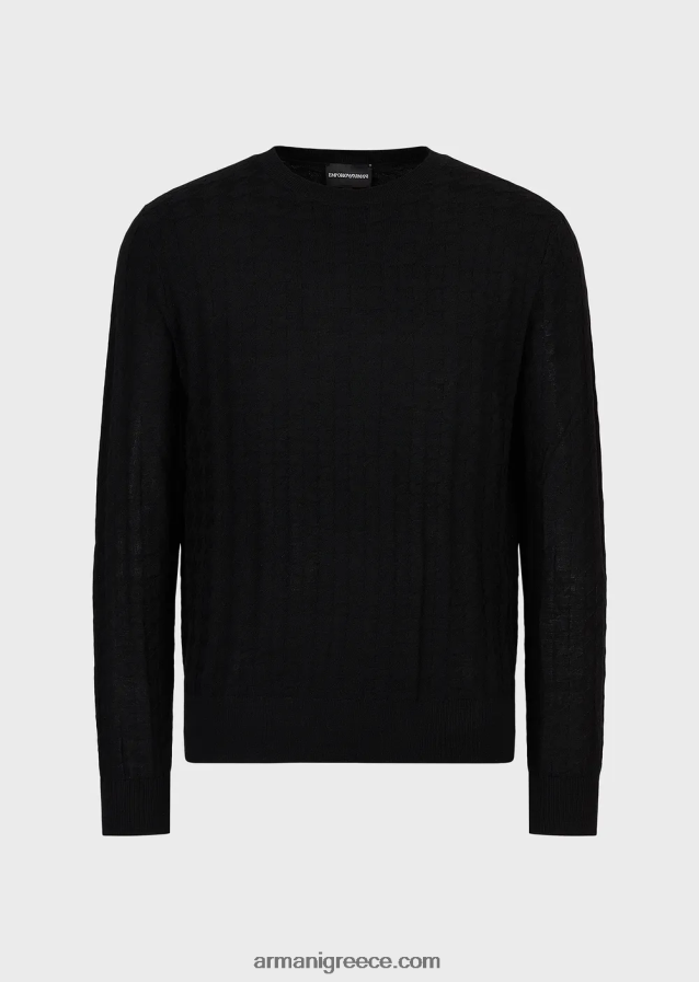 άνδρες Armani Παρθένο μάλλινο μπλουζάκι με μοτίβο κυνηγόσπιτου 4046R61239 μαύρος