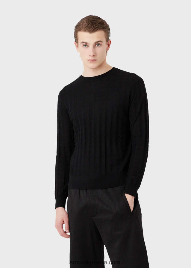 άνδρες Armani Παρθένο μάλλινο μπλουζάκι με μοτίβο κυνηγόσπιτου 4046R61239 μαύρος