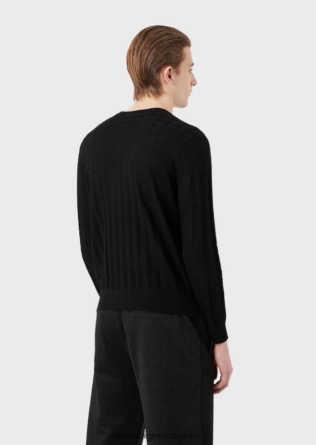 άνδρες Armani Παρθένο μάλλινο μπλουζάκι με μοτίβο κυνηγόσπιτου 4046R61239 μαύρος