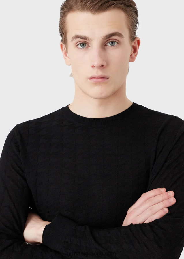 άνδρες Armani Παρθένο μάλλινο μπλουζάκι με μοτίβο κυνηγόσπιτου 4046R61239 μαύρος