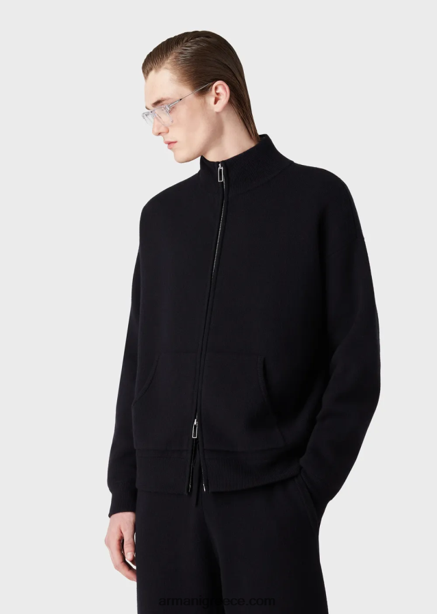 άνδρες Armani παρθένο μάλλινη ζακέτα με φερμουάρ 4046R61244 ναυτικό μπλε