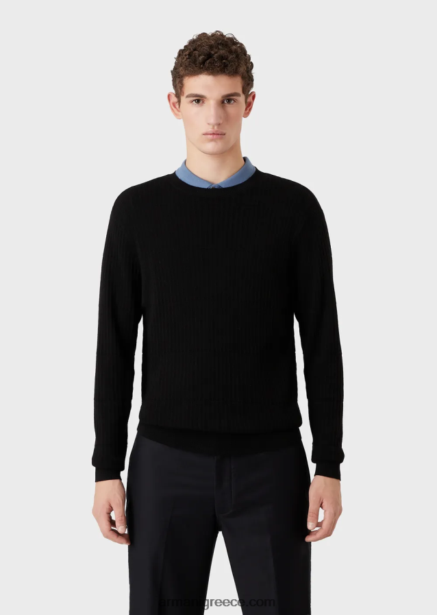 άνδρες Armani Μπλούζα από καθαρό παρθένο μαλλί με γεωμετρικό μοτίβο ζακάρ 4046R61245 μαύρος