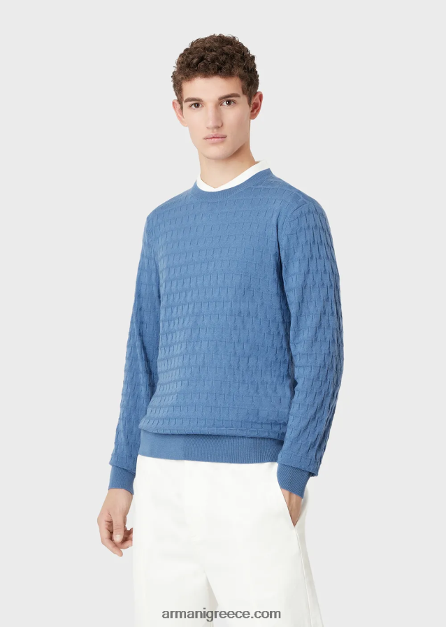 άνδρες Armani Μπλούζα από καθαρό παρθένο μαλλί με γεωμετρικό μοτίβο ζακάρ 4046R61246 μπλε