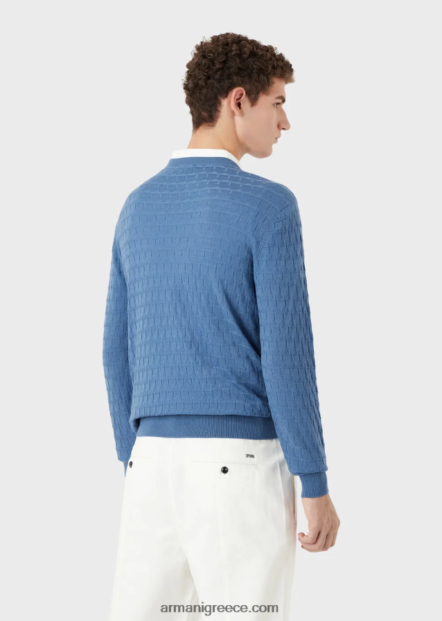 άνδρες Armani Μπλούζα από καθαρό παρθένο μαλλί με γεωμετρικό μοτίβο ζακάρ 4046R61246 μπλε