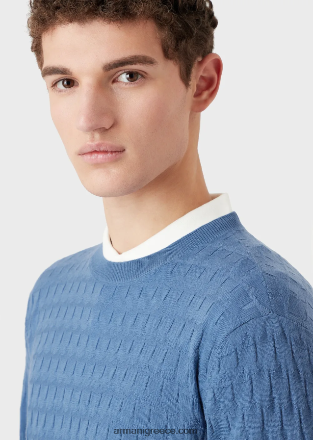 άνδρες Armani Μπλούζα από καθαρό παρθένο μαλλί με γεωμετρικό μοτίβο ζακάρ 4046R61246 μπλε